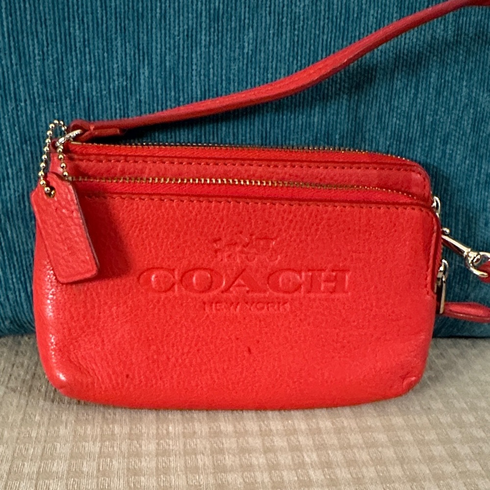Coach Bright Red/Orange double zipper Wristlet. Leather.